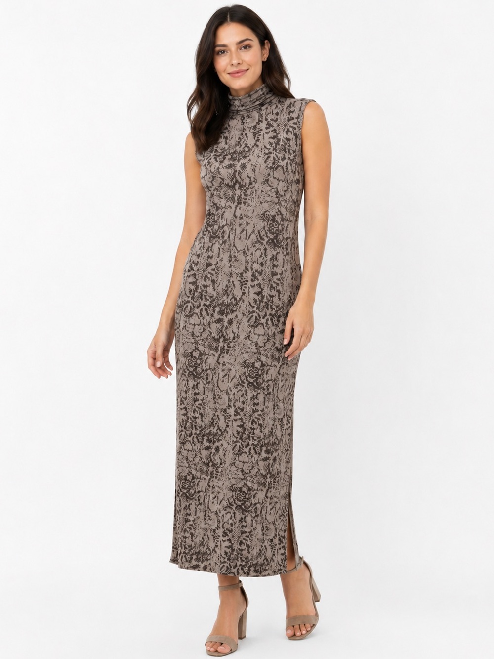 Garnet Hill Snake Print Turtleneck Midi Dress M Tencel Stretch Gray Neutral
